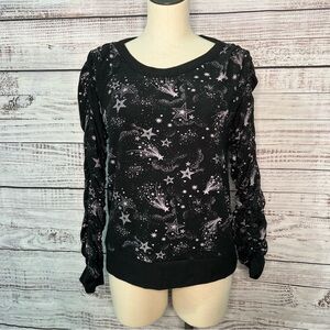 Chaser Medium Black Sweatshirt Shirred Long Sleeve Star Print Whimsigoth‎